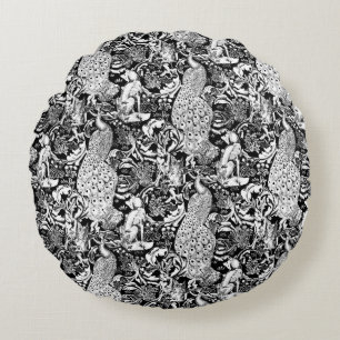 Art Nouveau Peacock Print, Black and White Round Cushion