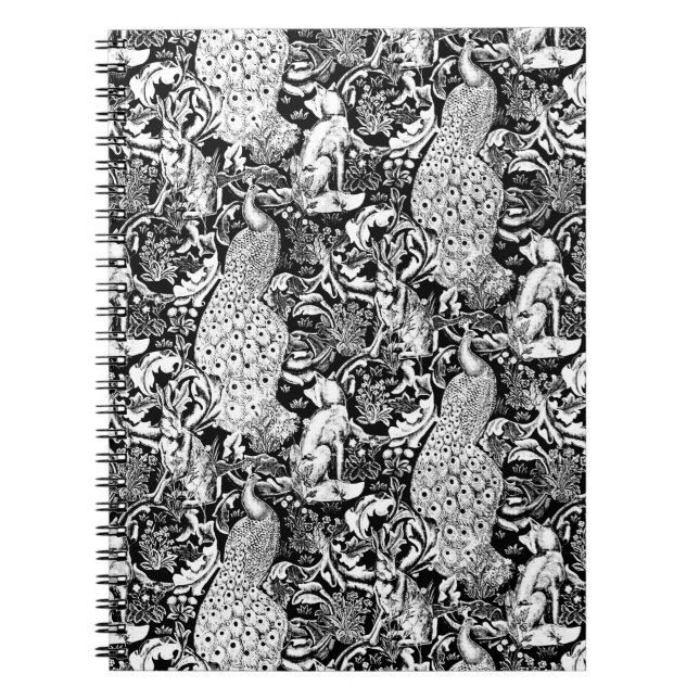 Art Nouveau Peacock Print, Black and White Spiral Notebook (Front)