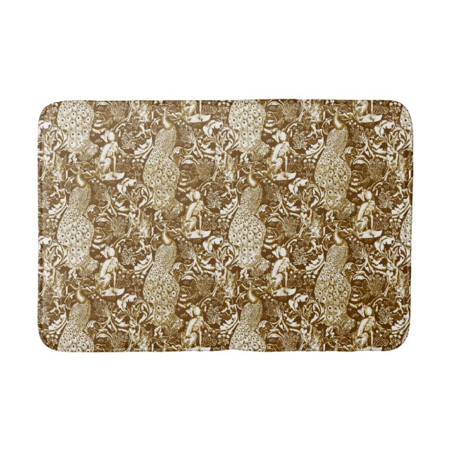Art Nouveau Peacock Print, Brown and Cream Bath Mat (Front)