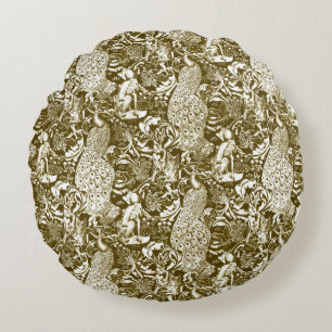 Art Nouveau Peacock Print, Brown and Cream Round Cushion