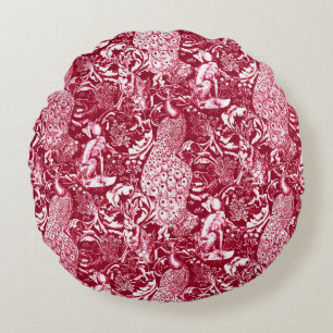 Art Nouveau Peacock Print, Burgundy Wine Round Cushion