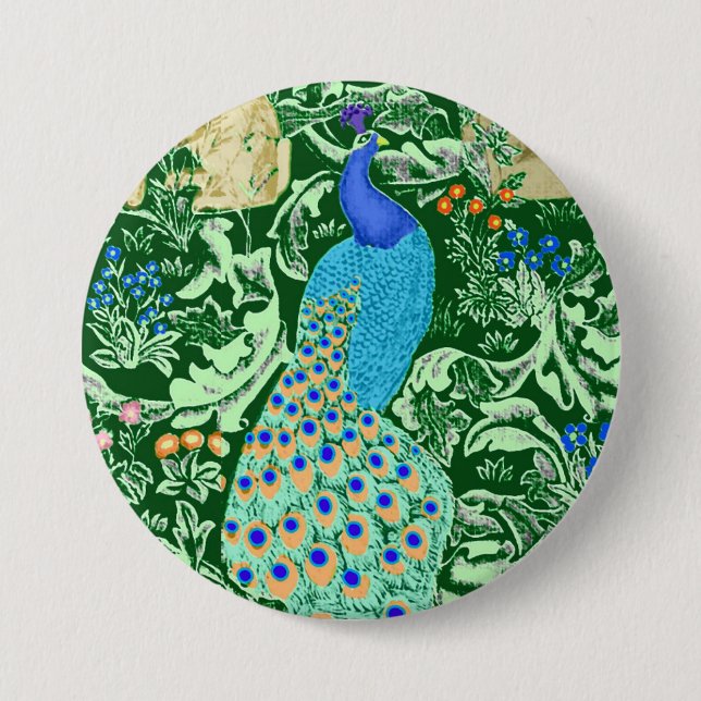 Art Nouveau Peacock Print, Cobalt Blue & Green 7.5 Cm Round Badge (Front)