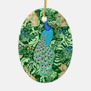 Art Nouveau Peacock Print, Cobalt Blue & Green Ceramic Tree Decoration