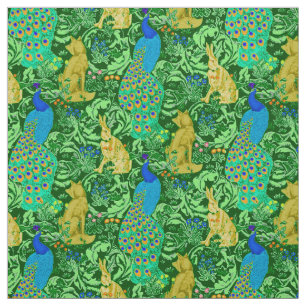 Art Nouveau Peacock Print, Cobalt Blue & Green Fabric