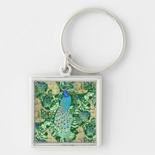 Art Nouveau Peacock Print, Cobalt Blue & Green Key Ring