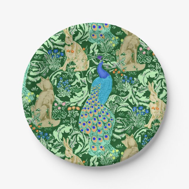 Art Nouveau Peacock Print, Cobalt Blue & Green Paper Plate (Front)