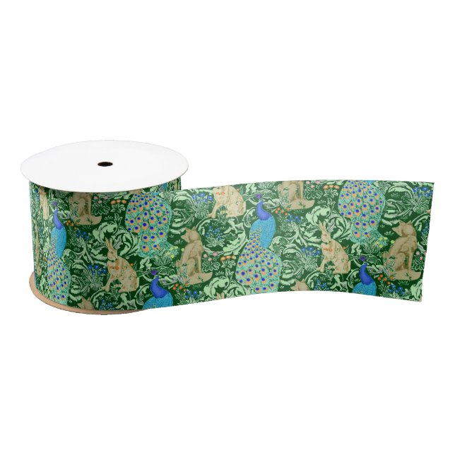 Art Nouveau Peacock Print, Cobalt Blue & Green Satin Ribbon (Spool)