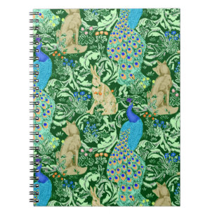 Art Nouveau Peacock Print, Cobalt Blue & Green Spiral Notebook