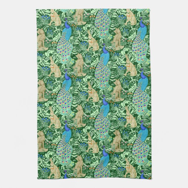 Art Nouveau Peacock Print, Cobalt Blue & Green Tea Towel (Vertical)