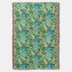 Art Nouveau Peacock Print, Cobalt Blue & Green Throw Blanket