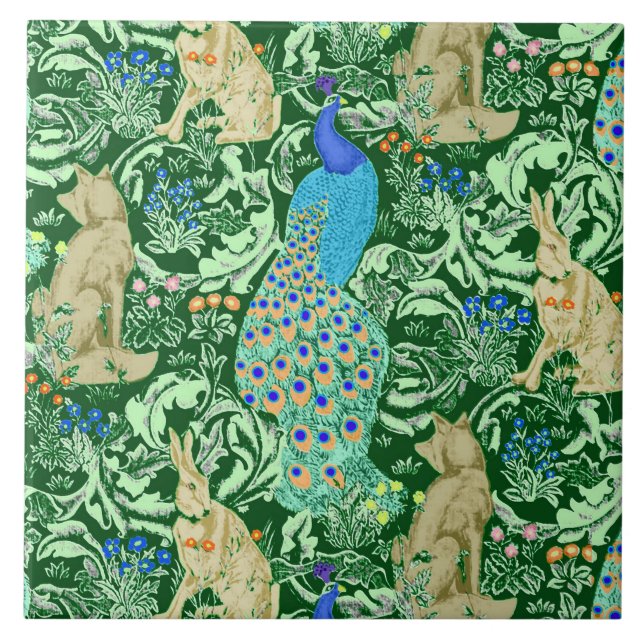 Art Nouveau Peacock Print, Cobalt Blue & Green Tile (Front)