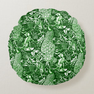 Art Nouveau Peacock Print, Forest Green Round Cushion