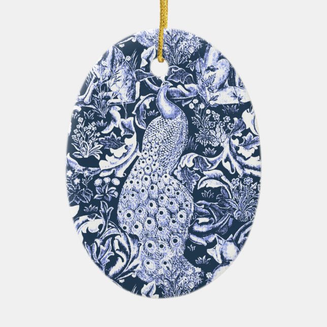 Art Nouveau Peacock Print, Navy and White Ceramic Tree Decoration (Front)