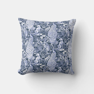 Art Nouveau Peacock Print, Navy and White Cushion