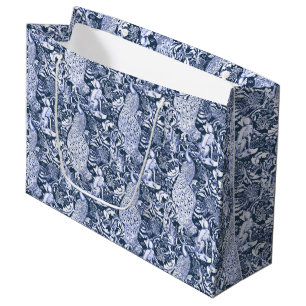 Art Nouveau Peacock Print, Navy and White Large Gift Bag