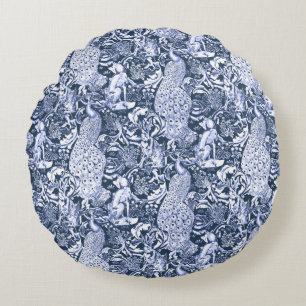 Art Nouveau Peacock Print, Navy and White Round Cushion