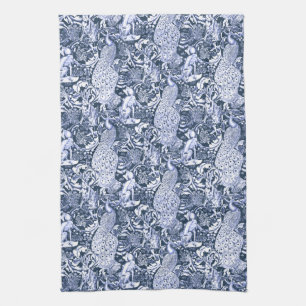 Art Nouveau Peacock Print, Navy and White Tea Towel