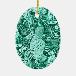 Art Nouveau Peacock Print, Turquoise and Aqua Ceramic Tree Decoration