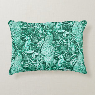 Art Nouveau Peacock Print, Turquoise and Aqua Decorative Cushion