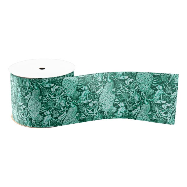 Art Nouveau Peacock Print, Turquoise and Aqua Grosgrain Ribbon (Spool)