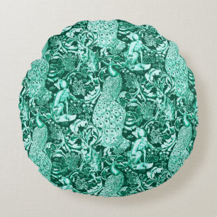 Art Nouveau Peacock Print, Turquoise and Aqua Round Cushion