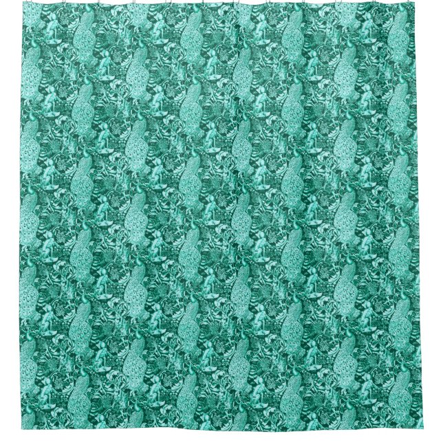 Art Nouveau Peacock Print, Turquoise and Aqua Shower Curtain (Front)