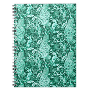 Art Nouveau Peacock Print, Turquoise and Aqua Spiral Notebook