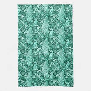 Art Nouveau Peacock Print, Turquoise and Aqua Tea Towel