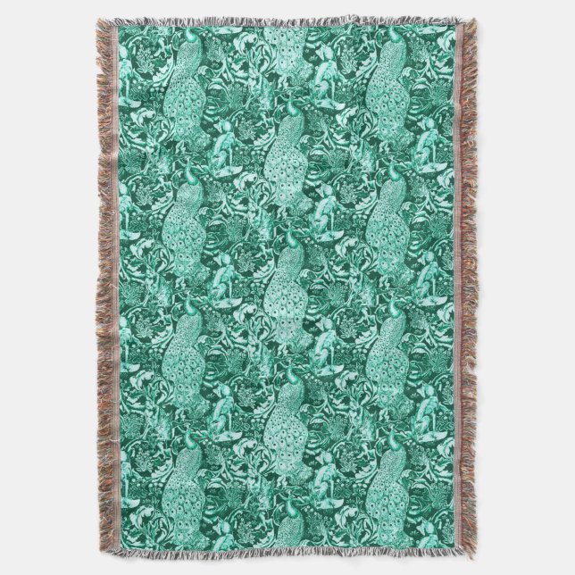 Art Nouveau Peacock Print, Turquoise and Aqua Throw Blanket (Front Vertical)