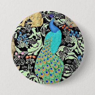 Art Nouveau Peacock Print, Turquoise & Neutrals 7.5 Cm Round Badge