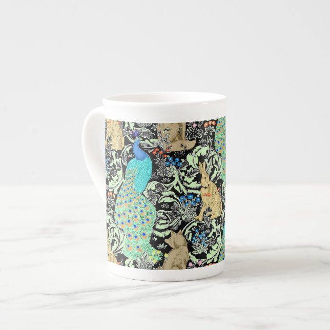 Art Nouveau Peacock Print, Turquoise & Neutrals Bone China Mug (Front Left)