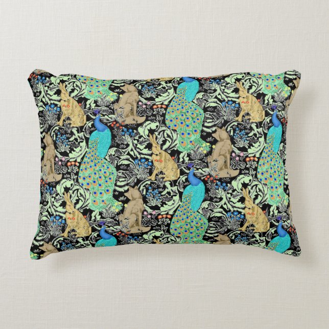 Art Nouveau Peacock Print, Turquoise & Neutrals Decorative Cushion (Front)