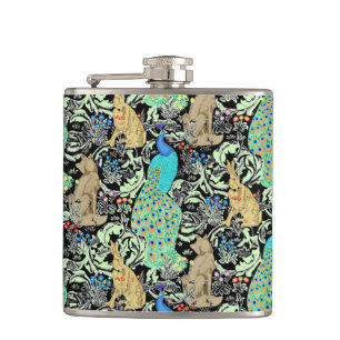 Art Nouveau Peacock Print, Turquoise & Neutrals Hip Flask