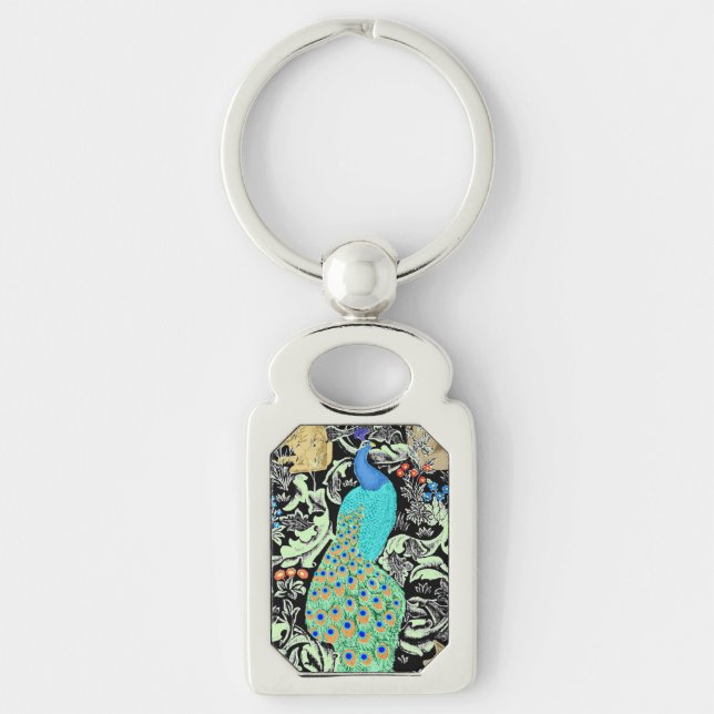 Art Nouveau Peacock Print, Turquoise & Neutrals Key Ring (Front)