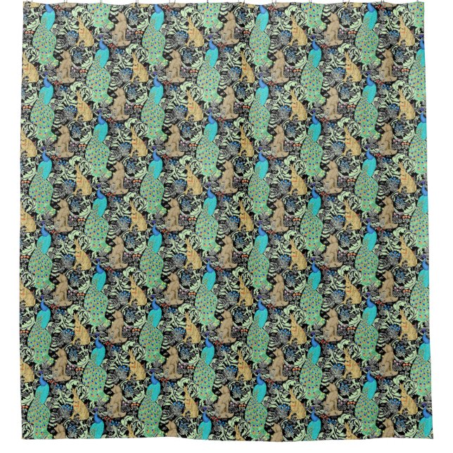 Art Nouveau Peacock Print, Turquoise & Neutrals Shower Curtain (Front)