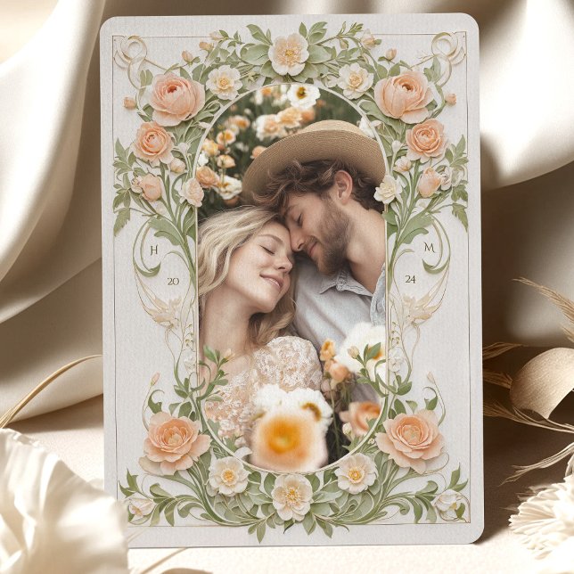Art Nouveau Photo Wedding Peach Ranunculus Invitation (Creator Uploaded)