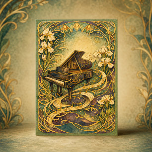 Art Nouveau Piano Floral Happy New Year Holiday Card