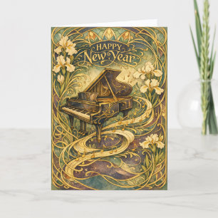 Art Nouveau Piano Floral Happy New Year Holiday Card