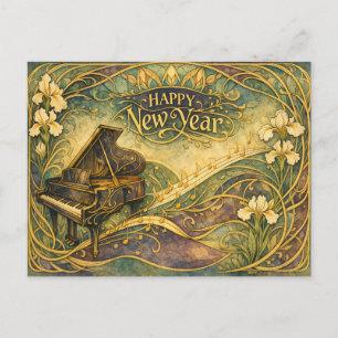 Art Nouveau Piano Floral Happy New Year Holiday Postcard