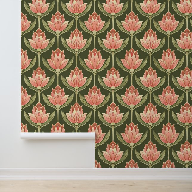 Art Nouveau Pink and Green Tulip Pattern Removable Wallpaper (Application)