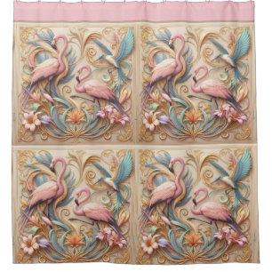 Art Nouveau Pink Flamingos Against Floral Pattern Shower Curtain