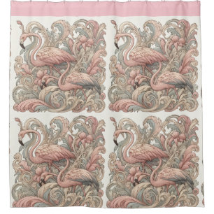 Art Nouveau Pink Flamingos Against Floral Pattern Shower Curtain