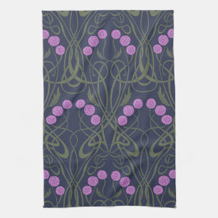 Art Nouveau Pink Roses and Sinuous Stems Tea Towel