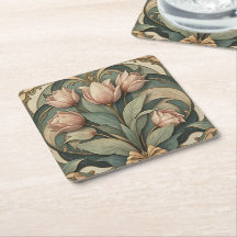 Art Nouveau Pink Tulips Floral Paper Coaster