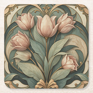 Art Nouveau Pink Tulips Floral Paper Coaster