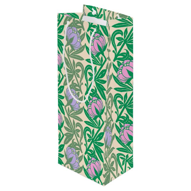 Art Nouveau pink water lilies damask Wine Gift Bag (Back Angled)