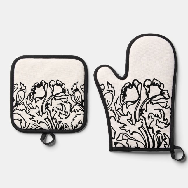 Art nouveau poppy floral black and white elegant  oven mitt & pot holder set (Front)