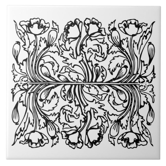 Art nouveau poppy floral black white elegant  tile (Front)