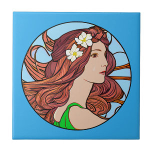 Art Nouveau Portrait of a Woman on Blue  Tile