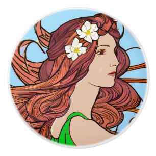 Art Nouveau Portrait of a Woman with Red Hair Ceramic Knob